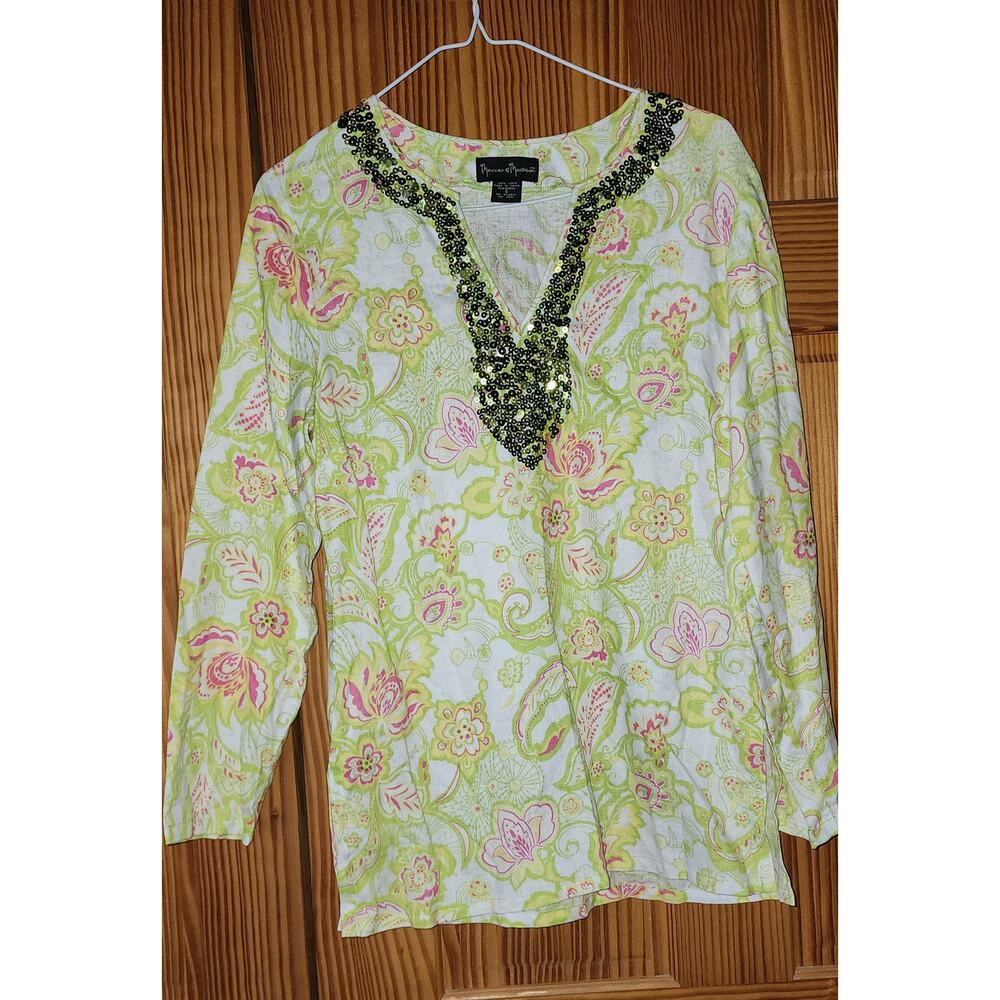 Mercer & Madison Linen Floral Tunic Top Green Pink Beaded Small‎